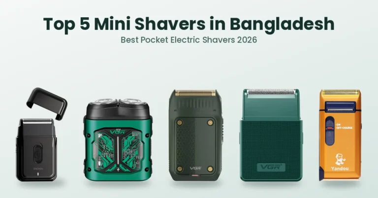 Five mini electric shavers available in Bangladesh, including ENCHEN, VGR and Yandou models, displayed side by side