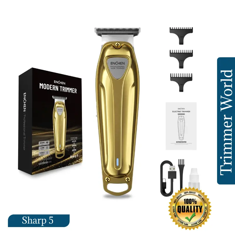ENCHEN Sharp 5 cordless hair and beard trimmer with box, gold and silver design, USB-C charging and guide combs