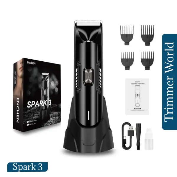 ENCHEN Spark 3 is a cordless, IPX7 waterproof body and groin trimmer with a ceramic blade, 4 guide combs and 120 minutes of runtime. Wet and dry use.