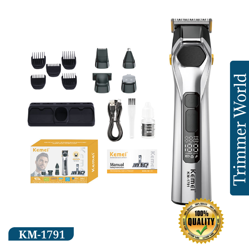 Kemei KM-1791 Professional Hair Clipper with 1200mAh battery, 120-minute runtime, stainless steel blade, LED display and IPX6 washable design.