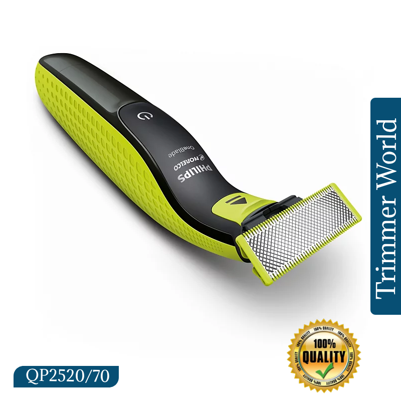 Philips Norelco OneBlade QP2520/70 lime green and black trimmer shown from the side