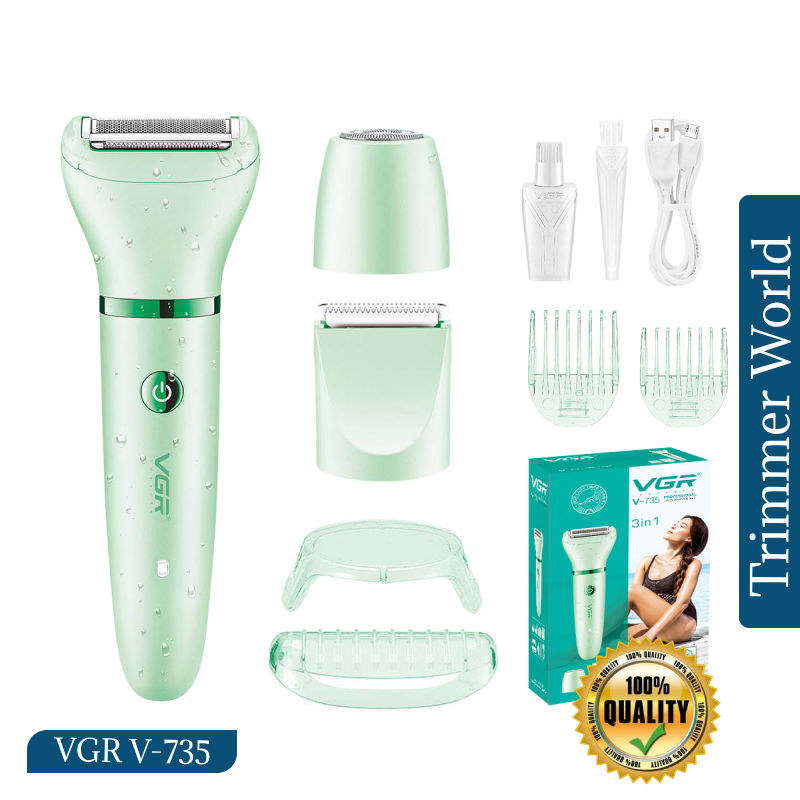 VGR V-735 3-in-1 rechargeable lady shaver in pink with three interchangeable heads